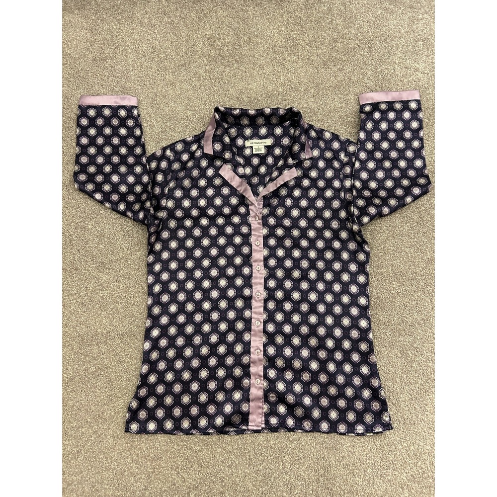 Liz Claiborne Pajama Top Womens S Purple Excellent Satin Medallion Button Up